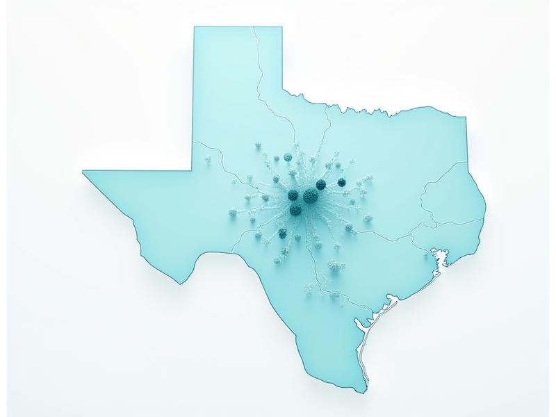 Stylized map of Austin, Texas, with glowing points indicating AuraWell Collective's community partnerships and impact areas.