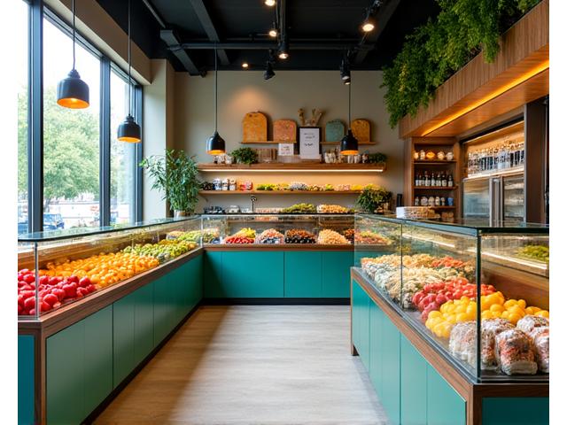 Modern, inviting health cafe interior with fresh food displays.