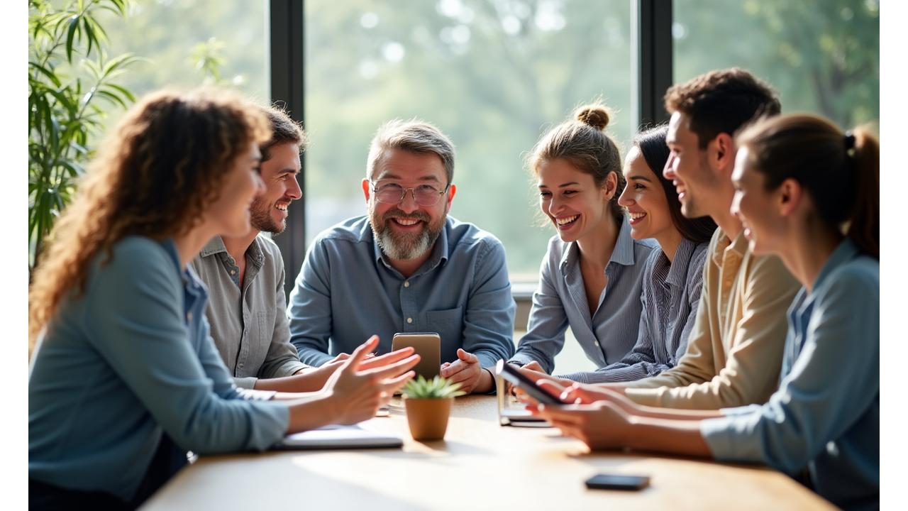 Diverse group of adults in Austin discussing wellness topics in a bright, modern setting.