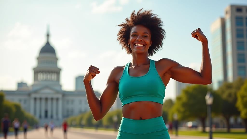 A confident woman in her 40s smiling and flexing a bicep, indicating personal health achievement, with an Austin landmark faintly visible in the background.