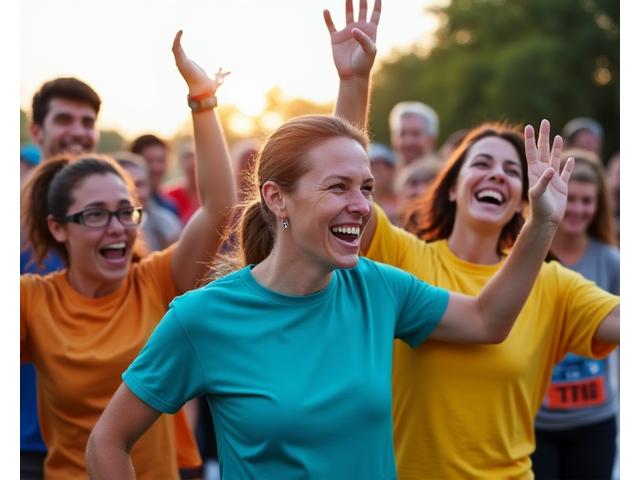 A diverse group of Austin adults joyfully celebrating a wellness achievement together outdoors, perhaps after a marathon or a charity walk, showing camaraderie and success.
