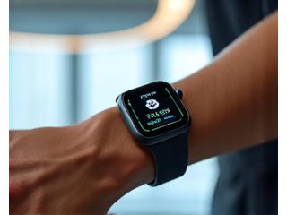 Close-up of a sleek, minimalist wearable health device on an active person's wrist, displaying biometric data, with a blurred background showing a modern gym or lab.