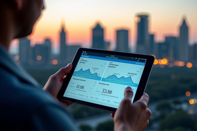 AI-powered interface showing a personalized wellness dashboard with Austin city skyline in the background, demonstrating data analysis and tailored recommendations for adults 35+