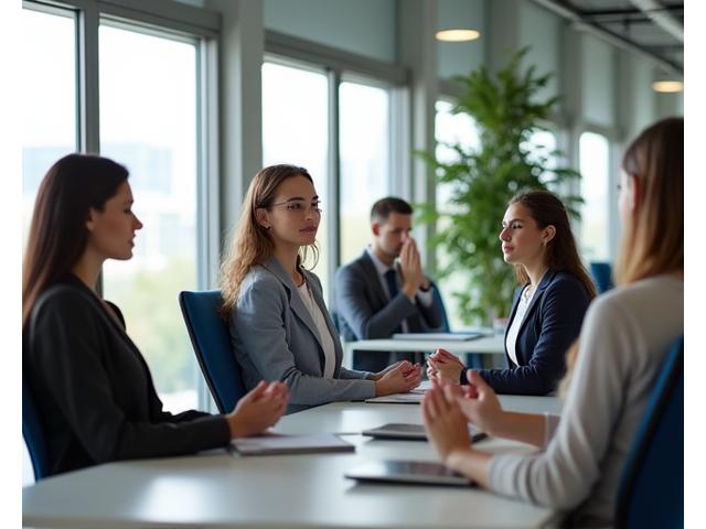 Diverse team of professionals practicing a five-minute desk meditation together in a modern Austin office, promoting workplace well-being.