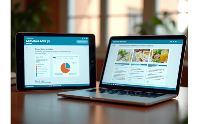 An interactive learning interface displayed on a laptop and tablet, showing a module on 'Metabolism After 35' with engaging progress bars and a knowledge quiz.