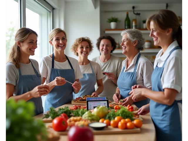 A diverse group of adults aged 35-55 happily preparing healthy meals with fresh, colorful ingredients in a modern, well-lit kitchen, with a tablet displaying a personalized meal plan.