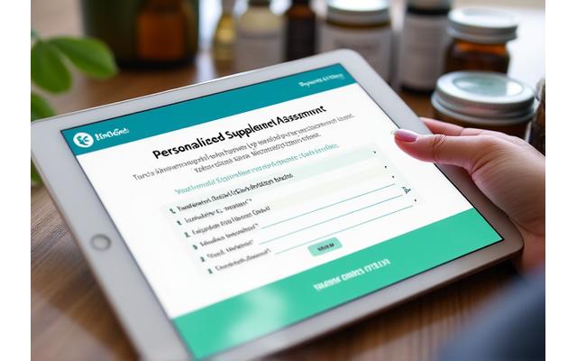 A clean, modern interface on a tablet showing a personalized supplement assessment, with various wellness products subtly blurred in the background, implying local sourcing.