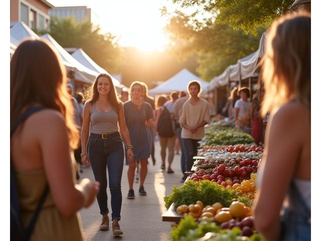 A vibrant image of a diverse group of people enjoying a local Austin farmers market, with fresh produce and artisanal wellness products visible. The Austin skyline is subtly blurred in the background, conveying a strong sense of community and local focus.