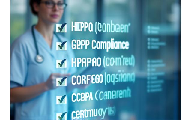 A digital checklist with checkmarks on various compliance standards like GDPR, HIPAA, and CCPA, symbolizing regulatory adherence and continuous updates.