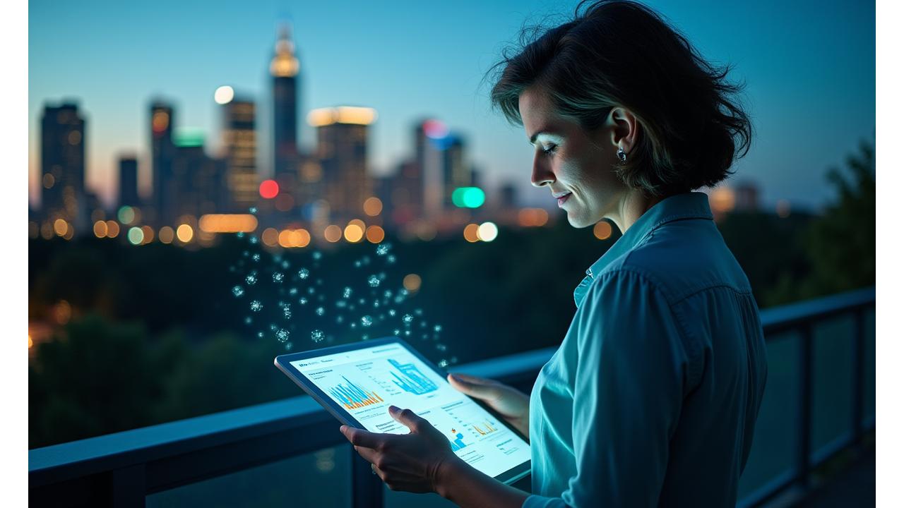 A person thoughtfully reading a tablet surrounded by vibrant, abstract data streams and a subtle Austin skyline in the background, symbolizing curated digital wellness information.